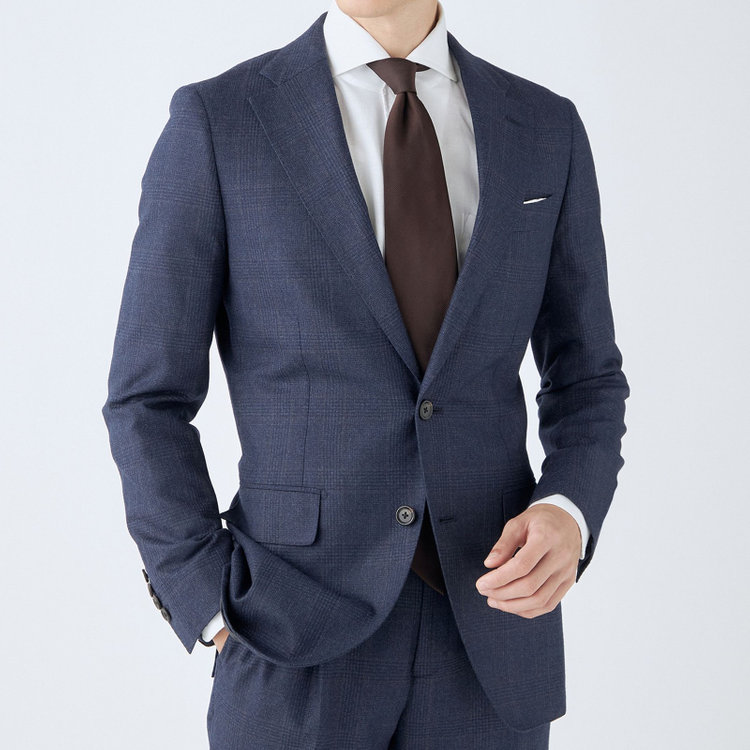 シルバーライン 【発送在庫あり】【CLASSICO TAPERED】【秋冬】2釦シングルスーツ 1タック/ネイビー×チェックオーバーペン/Ermenegildo Zegna LOOP woven in italy/※裾上げ必要 茶濃色