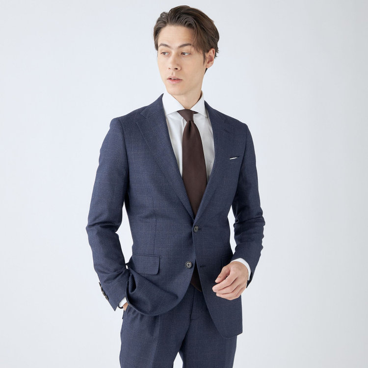 シルバーライン 【発送在庫あり】【CLASSICO TAPERED】【秋冬】2釦シングルスーツ 1タック/ネイビー×チェックオーバーペン/Ermenegildo Zegna LOOP woven in italy/※裾上げ必要 茶濃色