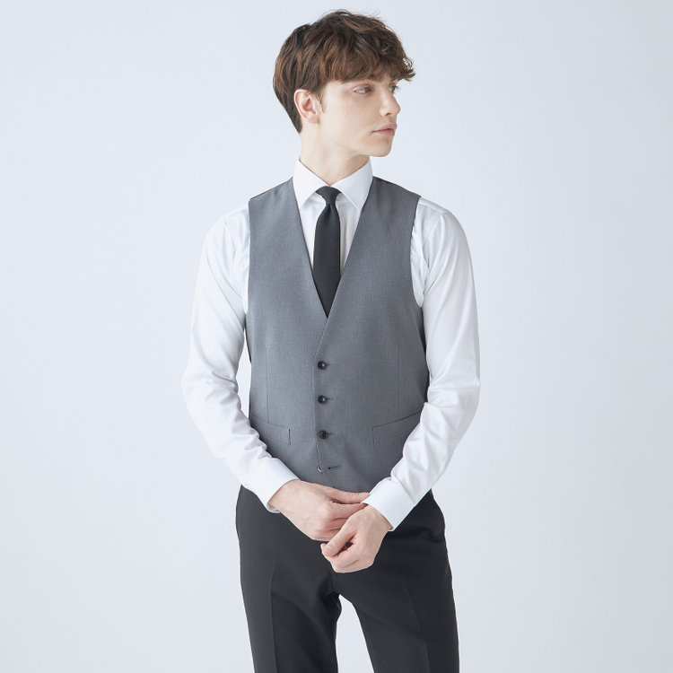 ブラックライン 【SLIM TAPERED_2】【年間】2釦シングルスリーピーススーツ 0タック/ブラック×シャドーストライプ/ウエストシャーリング/4S SUSTAINABILITY&ECOLOGY FABRIC/リバーシブルベスト仕様（グレー）/※パンツ裾上げ済仕様 黒