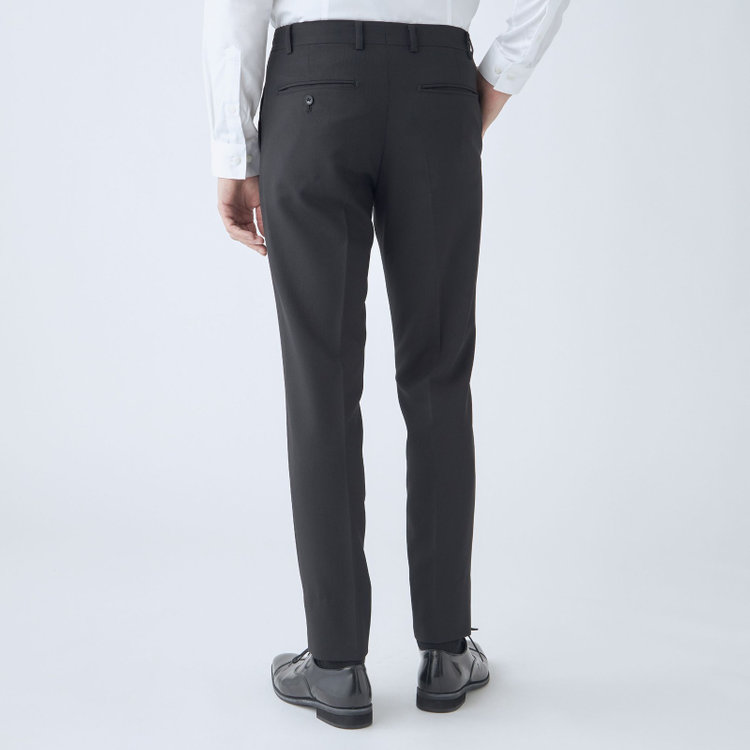 ブラックライン 【SLIM TAPERED_2】【年間】2釦シングルスリーピーススーツ 0タック/ブラック×シャドーストライプ/ウエストシャーリング/4S SUSTAINABILITY&ECOLOGY FABRIC/リバーシブルベスト仕様（グレー）/※パンツ裾上げ済仕様 黒