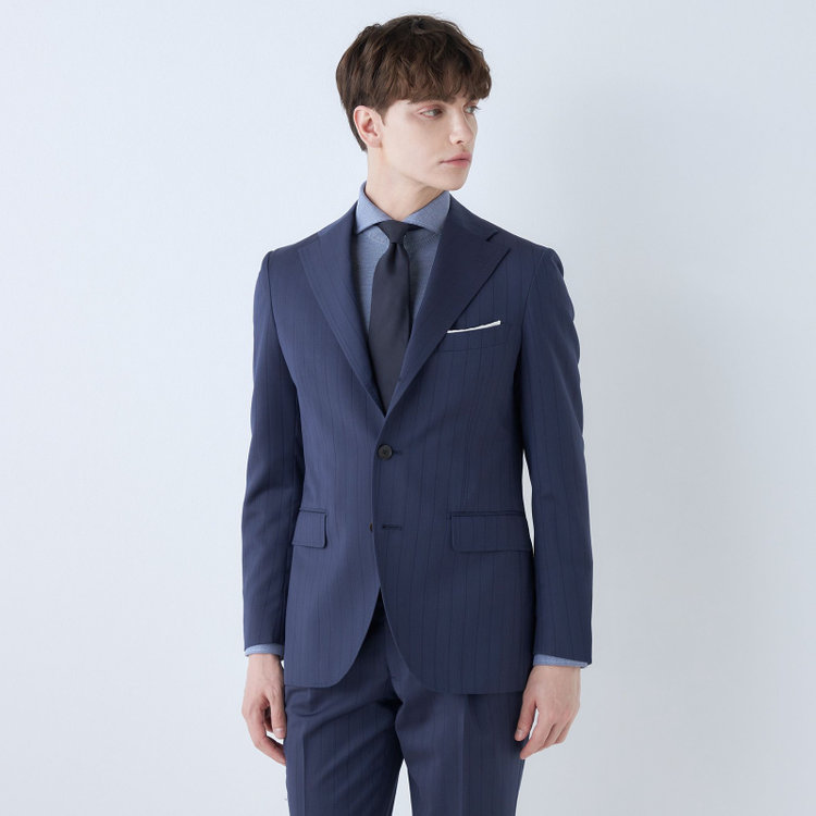 シルバーライン 【CLASSICO TAPERED】【春夏】3釦段返りシングルスーツ 2タック/ネイビー×シャドーストライプ/ウエストムーブ/MARZOTTO/※パンツ裾直し必要 紺中間