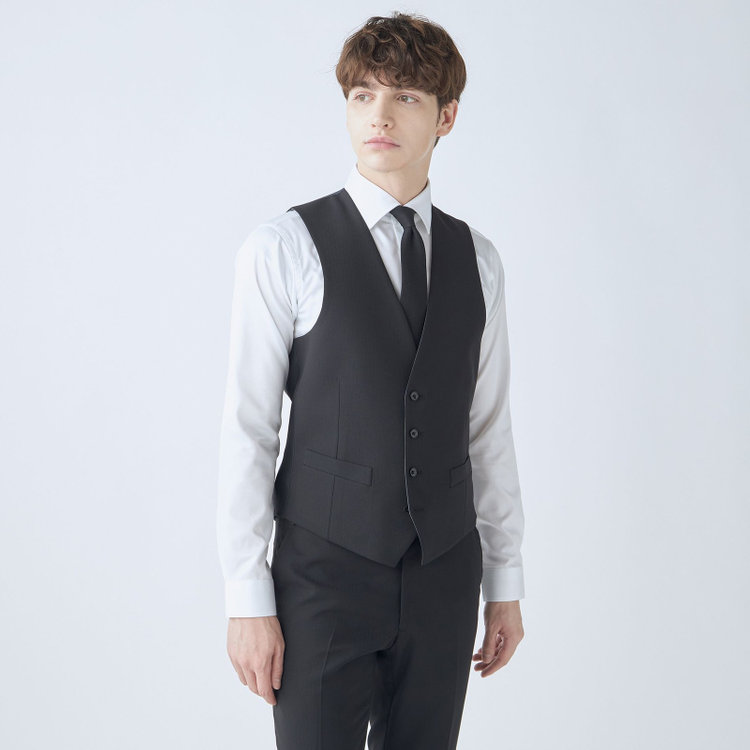 ブラックライン 【SLIM TAPERED_2】【年間】2釦シングルスリーピーススーツ 0タック/ブラック×シャドーストライプ/ウエストシャーリング/4S SUSTAINABILITY&ECOLOGY FABRIC/リバーシブルベスト仕様（グレー）/※パンツ裾上げ済仕様 黒