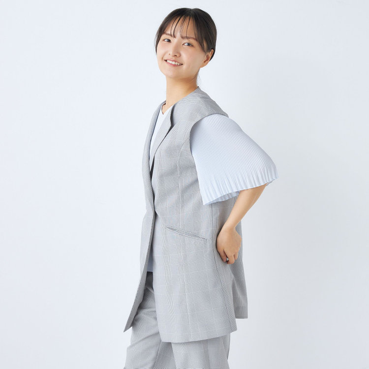 シルバーライン 【SL】【年間】ノーカラーダブル釦ジレ/グレー×チェック グレー中間