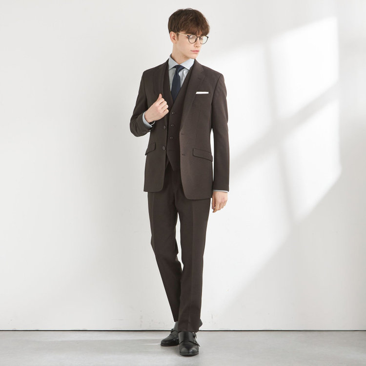 ブラックライン 【SLIM TAPERED_2】【秋冬】2釦シングルスリーピーススーツ 0タック/ブラウン×チェック/ウエストシャーリング/4S SUSTAINABILITY&ECOLOGY FABRIC/※パンツ裾上げ済仕様 茶濃色