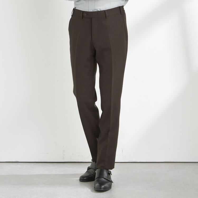 ブラックライン 【SLIM TAPERED_2】【秋冬】2釦シングルスリーピーススーツ 0タック/ブラウン×チェック/ウエストシャーリング/4S SUSTAINABILITY&ECOLOGY FABRIC/※パンツ裾上げ済仕様 茶濃色