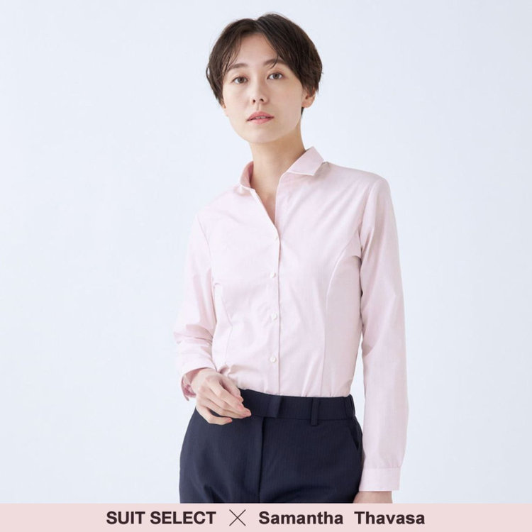 SUIT SELECT　アウトレット 【WEB限定/OUTLET/汚れ・キズ等有】【SUIT SELECT×Samantha Thavasa】【形態安定】リボン&フリル取り外しスキッパー/ピンク×ドビーストライプ 赤淡色