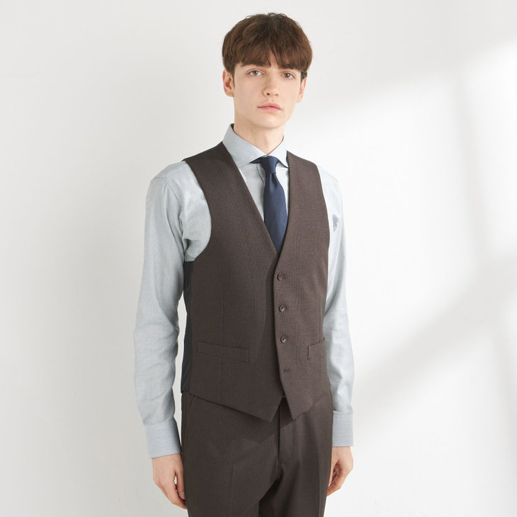 ブラックライン 【SLIM TAPERED_2】【秋冬】2釦シングルスリーピーススーツ 0タック/ブラウン×チェック/ウエストシャーリング/4S SUSTAINABILITY&ECOLOGY FABRIC/※パンツ裾上げ済仕様 茶濃色