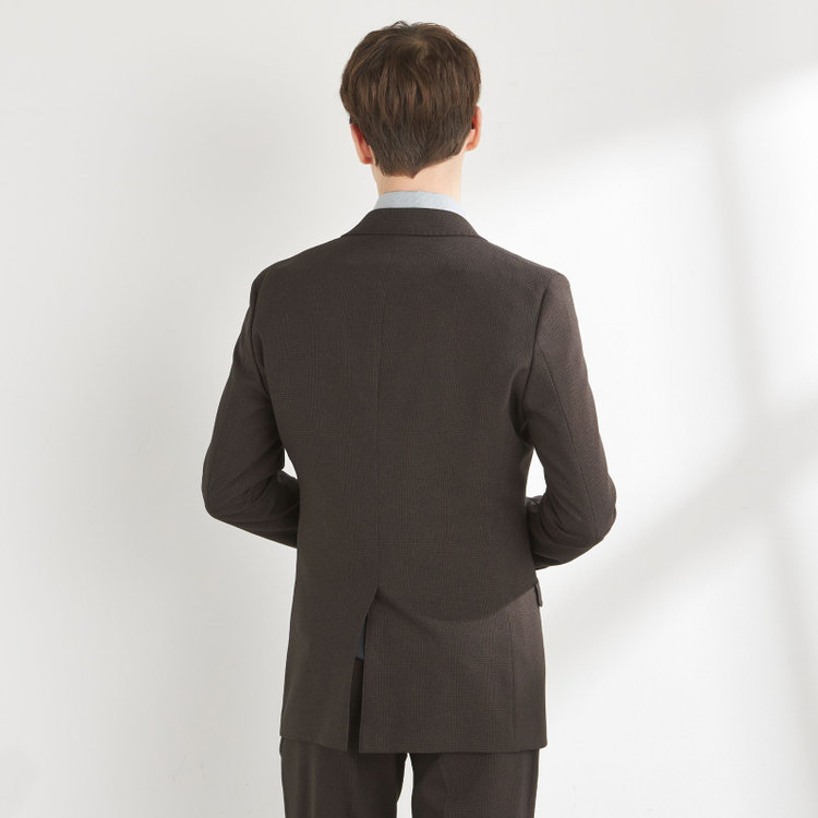 ブラックライン 【SLIM TAPERED_2】【秋冬】2釦シングルスリーピーススーツ 0タック/ブラウン×チェック/ウエストシャーリング/4S SUSTAINABILITY&ECOLOGY FABRIC/※パンツ裾上げ済仕様 茶濃色