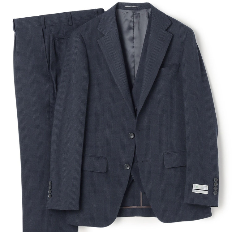 シルバーライン 【CLASSICO TAPERED】【秋冬】2釦シングルスリーピーススーツ 1タックテーパードパンツ/ネイビー×チェック/ウエストムーブ/4S SUSTAINABILITY&ECOLOGY FABRIC/※パンツ裾上げ済仕様 紺濃色