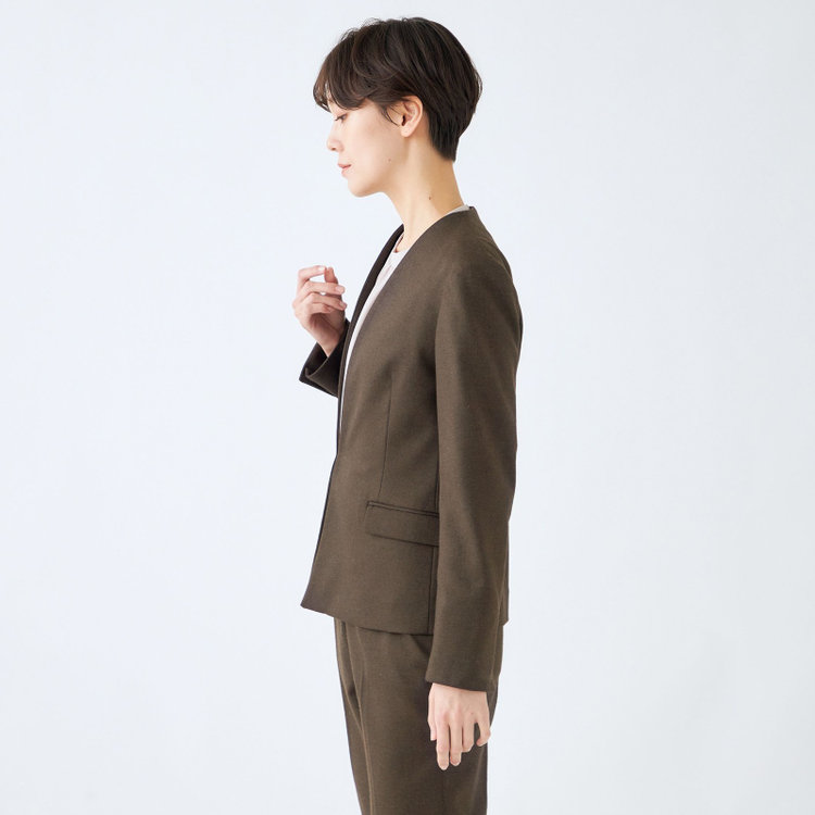 シルバーライン 【発送在庫あり】【SL】【秋冬】ホック留めノーカラージャケット/ブラウン/RE:NEWOOL 緑濃色