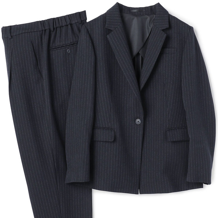 シルバーライン 【SILVER LINE】【年間】1釦シングルパンツスーツ/ネイビー×ストライプ/ウエストシャーリング/ウォッシャブル/※パンツ裾上げ済仕様 紺中間