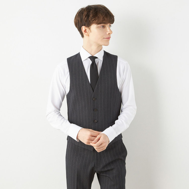 ブラックライン 【SLIM TAPERED_2】【秋冬】2釦シングルスリーピーススーツ 0タック/グレー×ストライプ/ウエストシャーリング/4S SUSTAINABILITY&ECOLOGY FABRIC/※パンツ裾上げ済仕様 グレー濃色