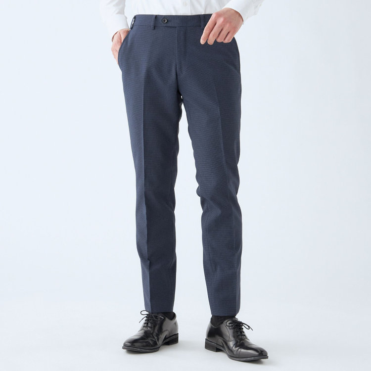 ブラックライン 【SLIM TAPERED_2】【春夏】2釦シングルスーツ 0タック/ネイビー&ブラック×ハウンドトゥース/ウエストシャーリング/4S SUSTAINABILITY&ECOLOGY FABRIC/※パンツ裾上げ済仕様 青中間