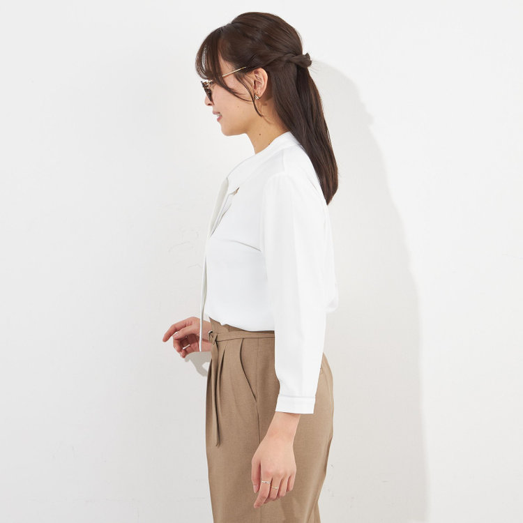 シルバーライン 【SILVER LINE/7分袖】配色ボウタイプルオーバー/ホワイト+グレー/「ウォッシャブル」「ストレッチ」「防シワ」「UV加工」「静電気防止」 白