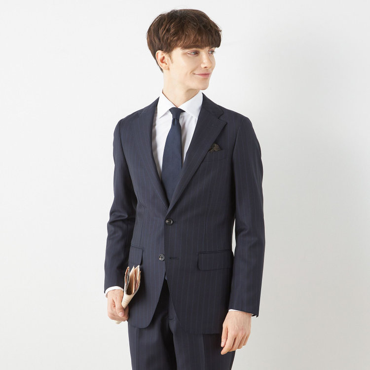 【CLASSICO TAPERED】【秋冬】2釦シングルスーツ 1タック/ネイビー×ストライプ/ウエストムーブ/Ermenegildo Zegna TRAVELLER woven in italy/※裾上げ必要