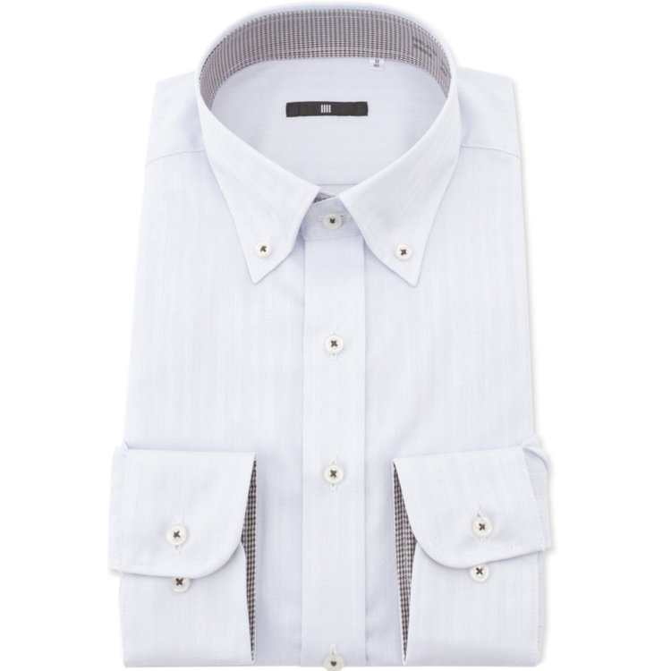 ブラックライン 【発送在庫あり】【BL】【形態安定】ボタンダウンドレスワイシャツ/アイスグレー×ドビーストライプ/襟袖裏：ハウンドトゥース別布/釦付糸：ブラウングレー グレー淡色