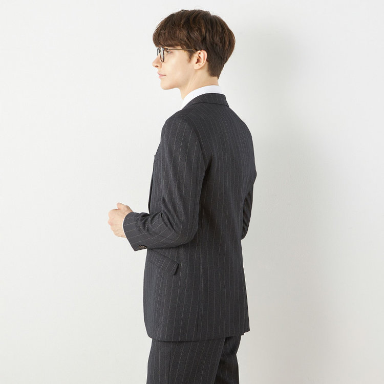 ブラックライン 【SLIM TAPERED_2】【秋冬】2釦シングルスリーピーススーツ 0タック/グレー×ストライプ/ウエストシャーリング/4S SUSTAINABILITY&ECOLOGY FABRIC/※パンツ裾上げ済仕様 グレー濃色