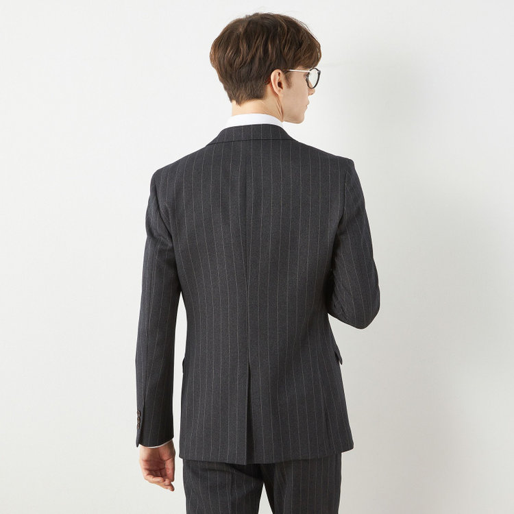 ブラックライン 【SLIM TAPERED_2】【秋冬】2釦シングルスリーピーススーツ 0タック/グレー×ストライプ/ウエストシャーリング/4S SUSTAINABILITY&ECOLOGY FABRIC/※パンツ裾上げ済仕様 グレー濃色