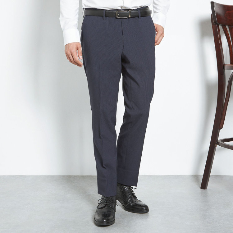 ブラックライン 【SLIM TAPERED】【年間】ウォッシャブル0タックテーパードパンツ/ネイビー×ハウンドトゥース/裾上げ済仕様 紺中間