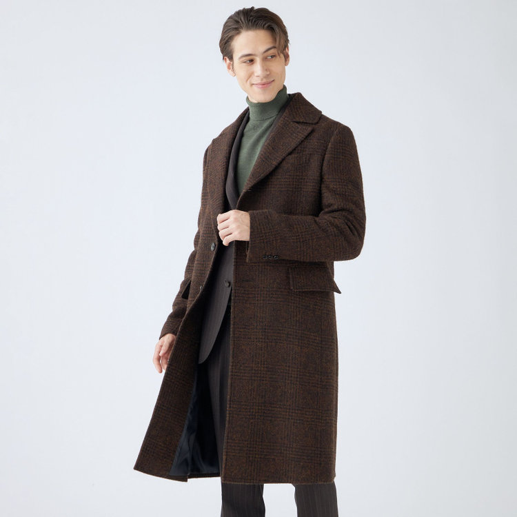 シルバーライン 【SL】ウールシングルバックベルトコート/ブラウン＆ブラック×チェック+エアーツイード/VALLEY MILLS BY MALLALIEUS fabric made in england 茶中間