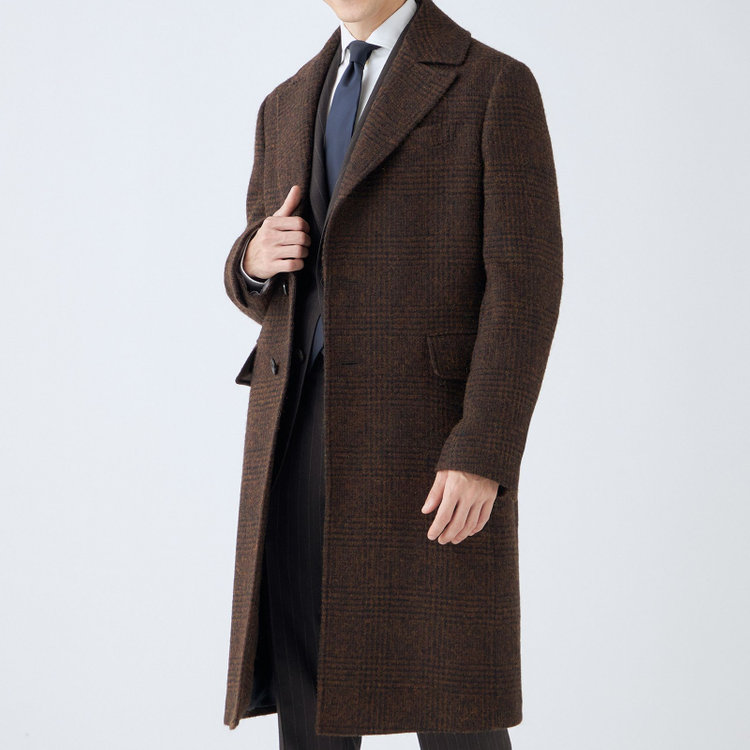 シルバーライン 【SL】ウールシングルバックベルトコート/ブラウン＆ブラック×チェック+エアーツイード/VALLEY MILLS BY MALLALIEUS fabric made in england 茶中間