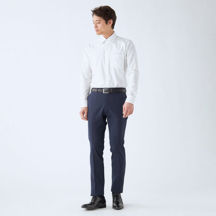 ブラックライン 【SLIM TAPERED】【春夏】0タックテーパードパンツ/ネイビー×シャドーストライプ/ウエストムーブ/ウォッシャブル/4S SUSTAINABILITY&ECOLOGY FABRIC/※裾上げ必要 紺中間