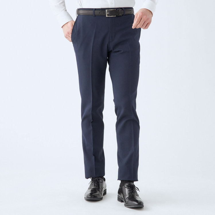 ブラックライン 【SLIM TAPERED】【春夏】0タックテーパードパンツ/ネイビー×シャドーストライプ/ウエストムーブ/ウォッシャブル/4S SUSTAINABILITY&ECOLOGY FABRIC/※裾上げ必要 紺中間
