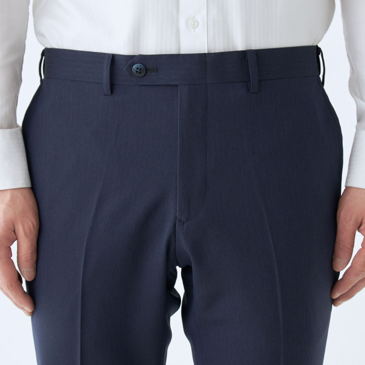 ブラックライン 【SLIM TAPERED】【春夏】0タックテーパードパンツ/ネイビー×シャドーストライプ/ウエストムーブ/ウォッシャブル/4S SUSTAINABILITY&ECOLOGY FABRIC/※裾上げ必要 紺中間