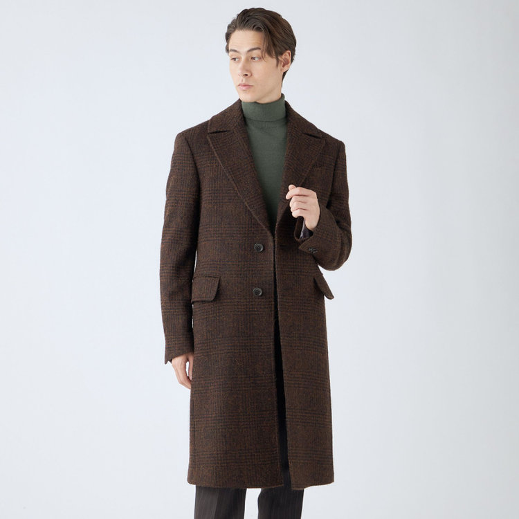 シルバーライン 【SL】ウールシングルバックベルトコート/ブラウン＆ブラック×チェック+エアーツイード/VALLEY MILLS BY MALLALIEUS fabric made in england 茶中間