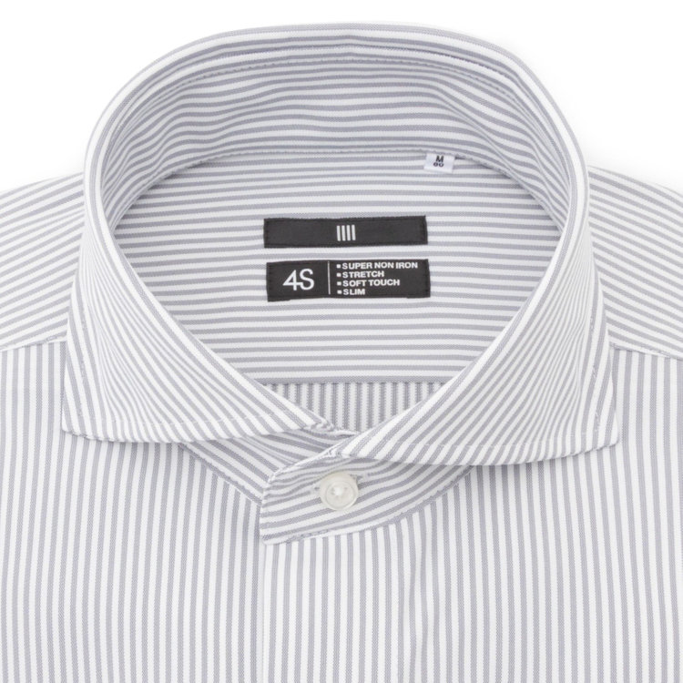 ブラックライン 【発送在庫あり】【BLACK LINE】ホリゾンタルワイドカラーワイシャツ/ホワイト×グレーストライプ/「4S」スーパーノンアイロン・ストレッチ グレー中間