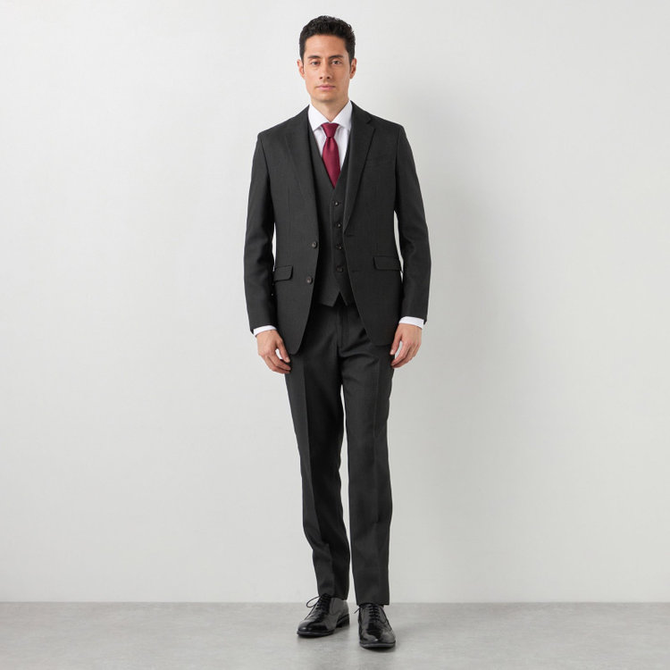ブラックライン 【SLIM TAPERED】【年間】 2釦シングルスリーピーススーツ 0タック/ ダークブラウン×デジタルデニム  /ウエストシャーリング/ 4S TAKE OUT SUITS / ※パンツ裾上げ済仕様 緑濃色