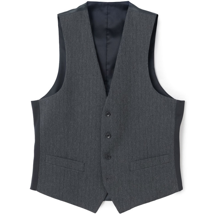 ブラックライン 【SLIM TAPERED_2】【秋冬】2釦シングルスリーピーススーツ 0タック/グレー×シャドーストライプ/ウエストシャーリング/4S SUSTAINABILITY&ECOLOGY FABRIC/※パンツ裾上げ済仕様 グレー中間