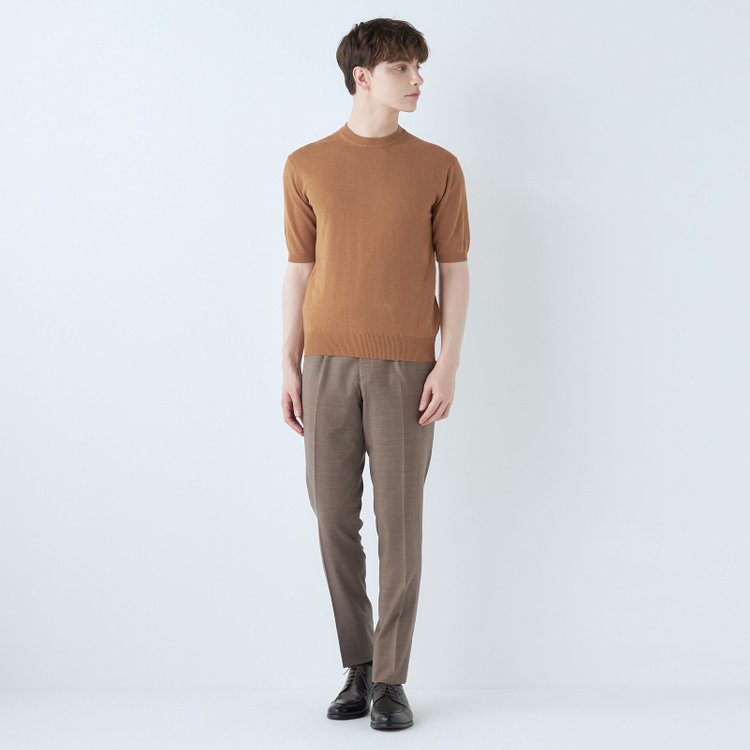 スーツセレクト 【RBC】【半袖】和紙コットンブレンドクルーネックニットシャツ/ブラウン 茶中間