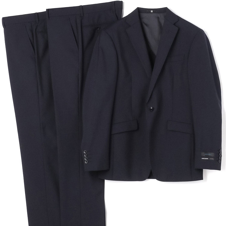 ブラックライン 【発送在庫あり】【KSW】【春夏】スペアパンツ付き/2釦シングルスーツ 0タック/ネイビー×ストライプ/※裾上げ必要 紺中間