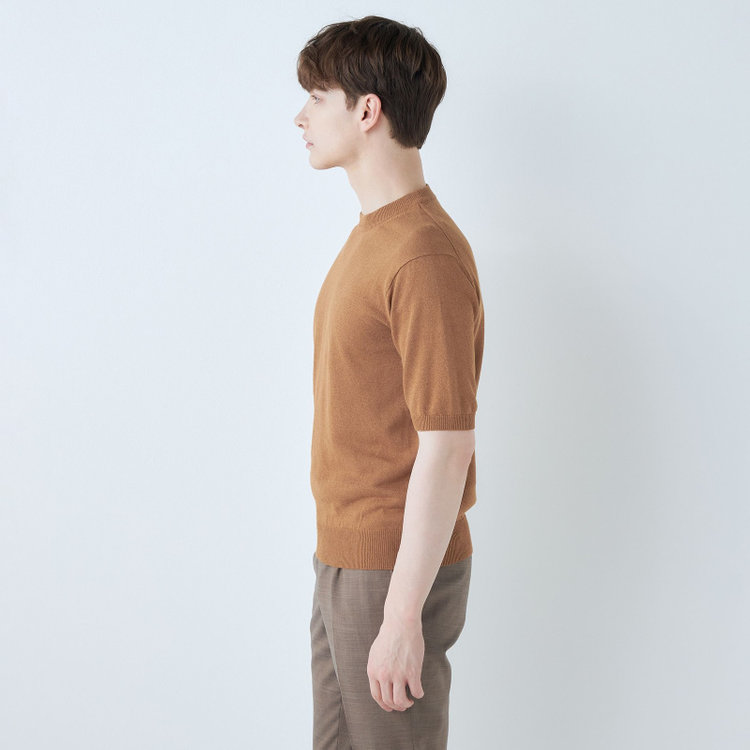 スーツセレクト 【RBC】【半袖】和紙コットンブレンドクルーネックニットシャツ/ブラウン 茶中間