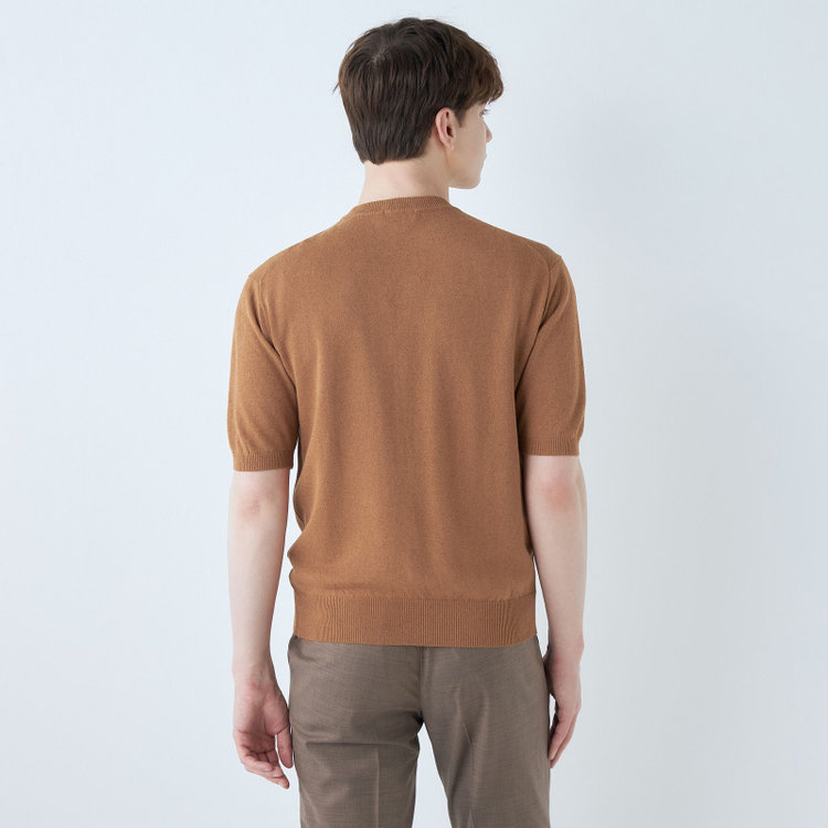 スーツセレクト 【RBC】【半袖】和紙コットンブレンドクルーネックニットシャツ/ブラウン 茶中間