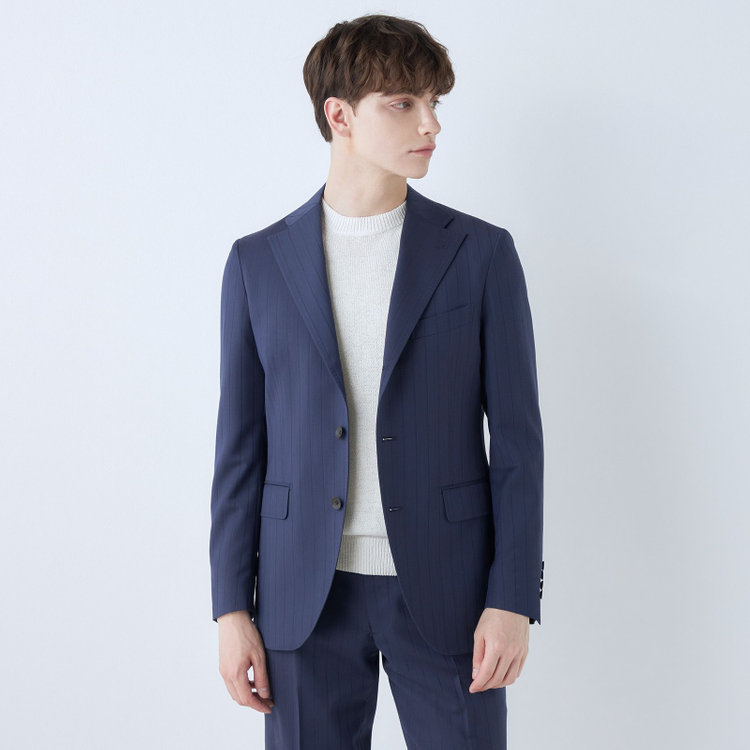 シルバーライン 【CLASSICO TAPERED】【春夏】3釦段返りシングルスーツ 2タック/ネイビー×シャドーストライプ/ウエストムーブ/MARZOTTO/※パンツ裾直し必要 紺中間