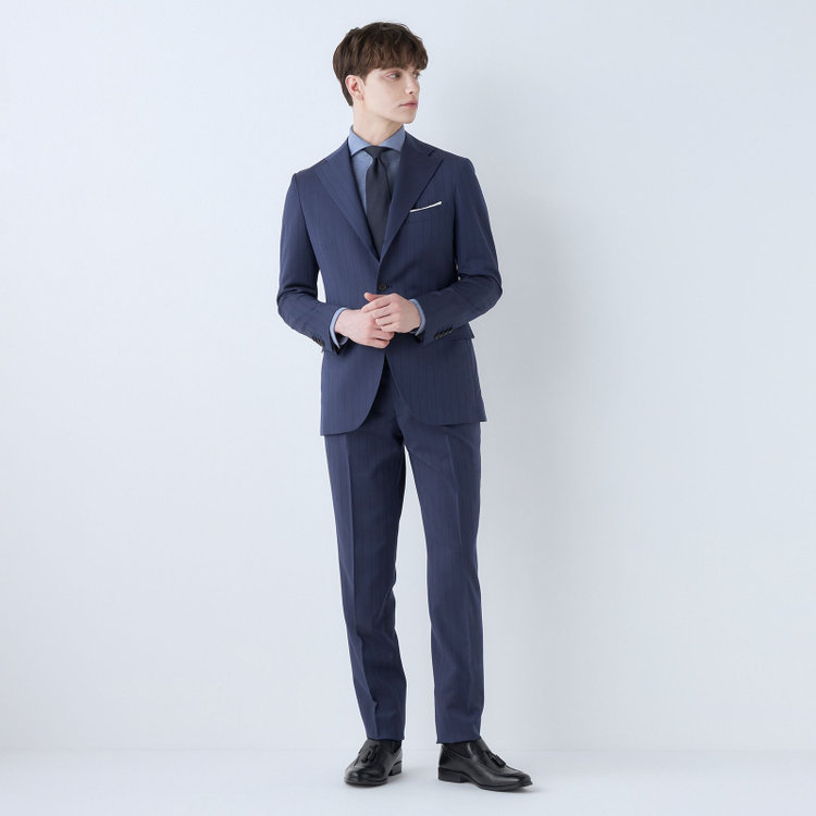 シルバーライン 【CLASSICO TAPERED】【春夏】3釦段返りシングルスーツ 2タック/ネイビー×シャドーストライプ/ウエストムーブ/MARZOTTO/※パンツ裾直し必要 紺中間