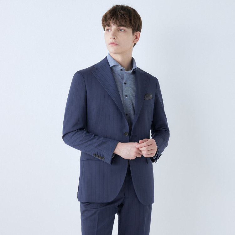シルバーライン 【CLASSICO TAPERED】【春夏】3釦段返りシングルスーツ 2タック/ネイビー×シャドーストライプ/ウエストムーブ/MARZOTTO/※パンツ裾直し必要 紺中間