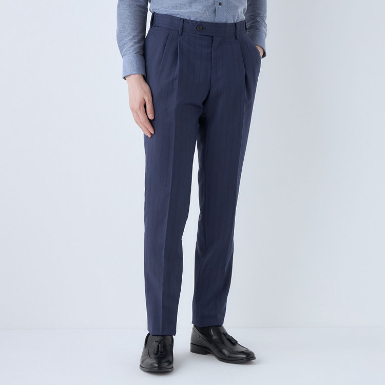 シルバーライン 【CLASSICO TAPERED】【春夏】3釦段返りシングルスーツ 2タック/ネイビー×シャドーストライプ/ウエストムーブ/MARZOTTO/※パンツ裾直し必要 紺中間