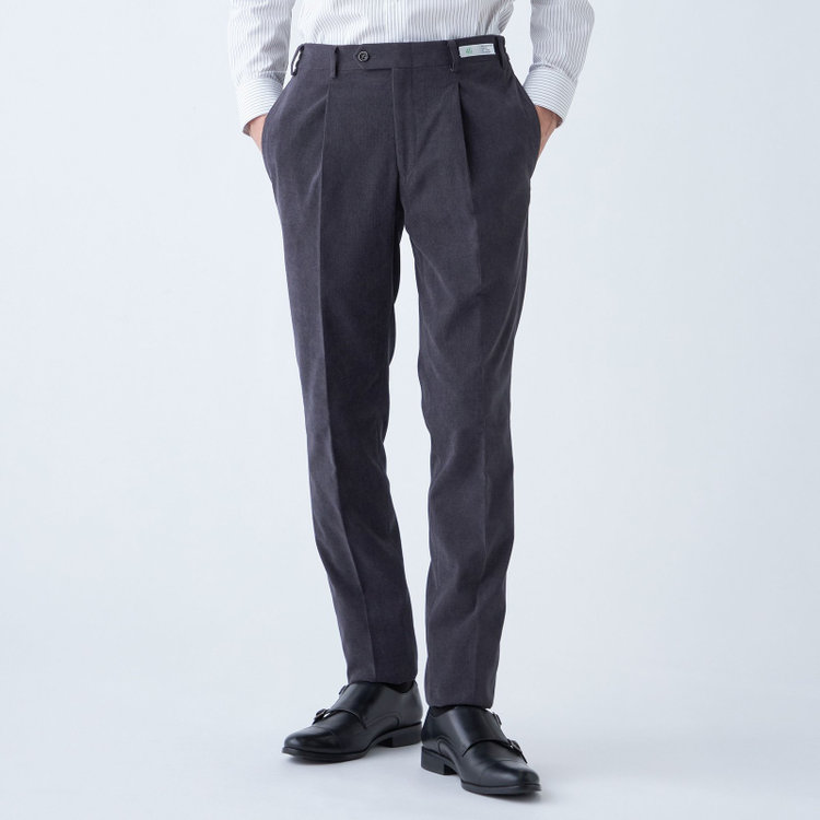 シルバーライン 【CLASSICO TAPERED】【秋冬】ポリエステル1タックテーパードパンツ/グレー×コーデュロイ/シャーリング仕様/4S SUSTAINABLE/※裾上げ必要 グレー濃色