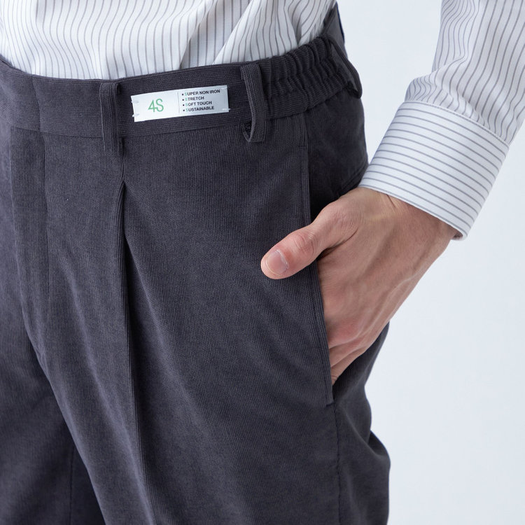 シルバーライン 【CLASSICO TAPERED】【秋冬】ポリエステル1タックテーパードパンツ/グレー×コーデュロイ/シャーリング仕様/4S SUSTAINABLE/※裾上げ必要 グレー濃色
