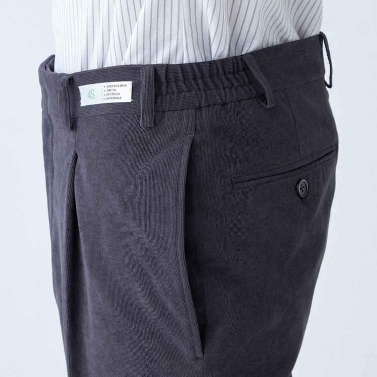 シルバーライン 【CLASSICO TAPERED】【秋冬】ポリエステル1タックテーパードパンツ/グレー×コーデュロイ/シャーリング仕様/4S SUSTAINABLE/※裾上げ必要 グレー濃色