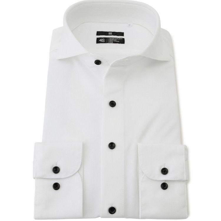 ブラックライン 【発送在庫あり】【WEB限定】【BLACK LINE】ホリゾンタルワイドワイシャツ/ホワイト×ドビー/釦・釦付糸：ブラック/「4S」スーパーノンアイロン・ストレッチ 白