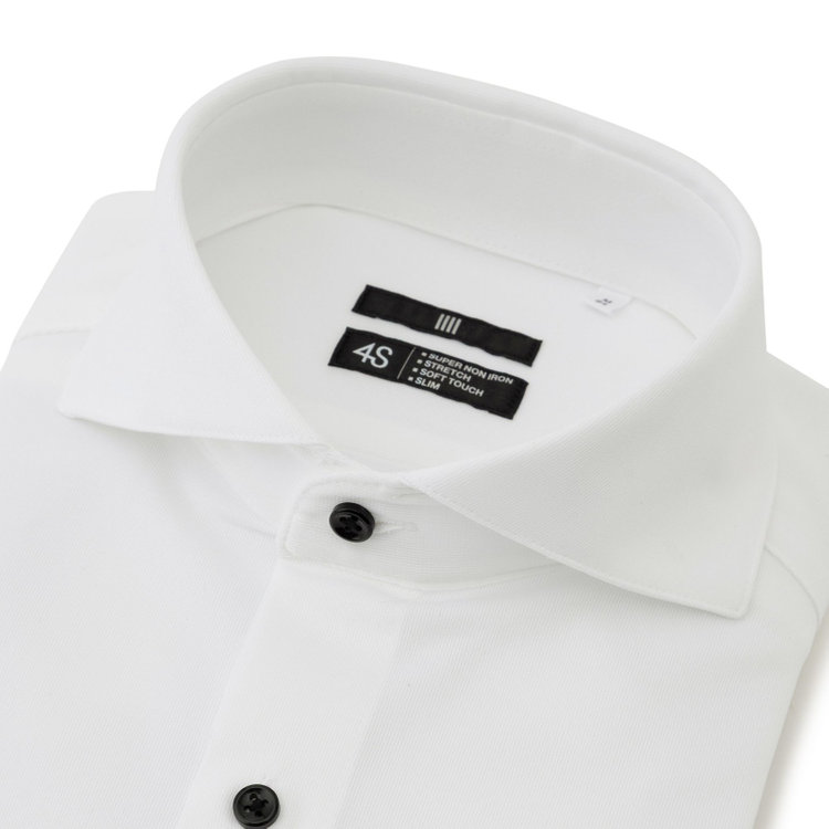 ブラックライン 【発送在庫あり】【WEB限定】【BLACK LINE】ホリゾンタルワイドワイシャツ/ホワイト×ドビー/釦・釦付糸：ブラック/「4S」スーパーノンアイロン・ストレッチ 白