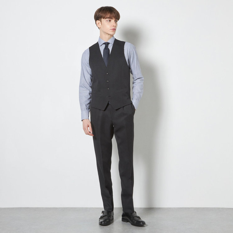シルバーライン 【CLASSICO TAPERED】【春夏】2釦シングルスリーピーススーツ 1タックテーパードパンツ/ブラック×ウィンドペン/ウエストムーブ/4S SUSTAINABILITY&ECOLOGY FABRIC/※パンツ裾上げ済仕様 黒