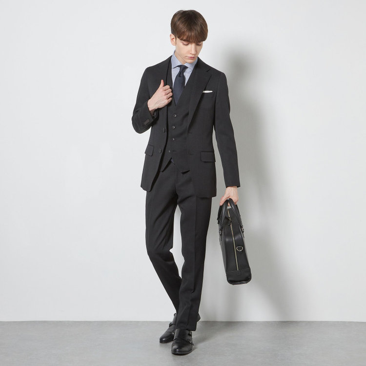 シルバーライン 【CLASSICO TAPERED】【春夏】2釦シングルスリーピーススーツ 1タックテーパードパンツ/ブラック×ウィンドペン/ウエストムーブ/4S SUSTAINABILITY&ECOLOGY FABRIC/※パンツ裾上げ済仕様 黒