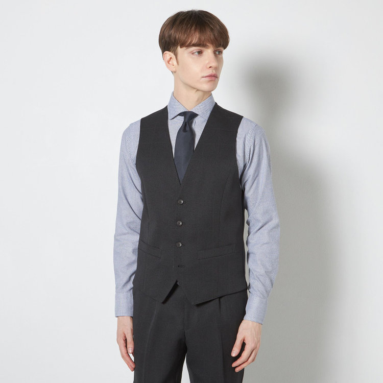 シルバーライン 【CLASSICO TAPERED】【春夏】2釦シングルスリーピーススーツ 1タックテーパードパンツ/ブラック×ウィンドペン/ウエストムーブ/4S SUSTAINABILITY&ECOLOGY FABRIC/※パンツ裾上げ済仕様 黒