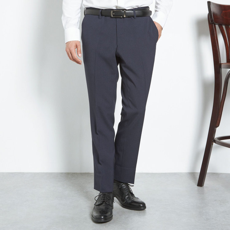 ブラックライン 【SLIM TAPERED】【年間】ウォッシャブル0タックテーパードパンツ/ネイビー×ハウンドトゥース/裾上げ済仕様 紺中間