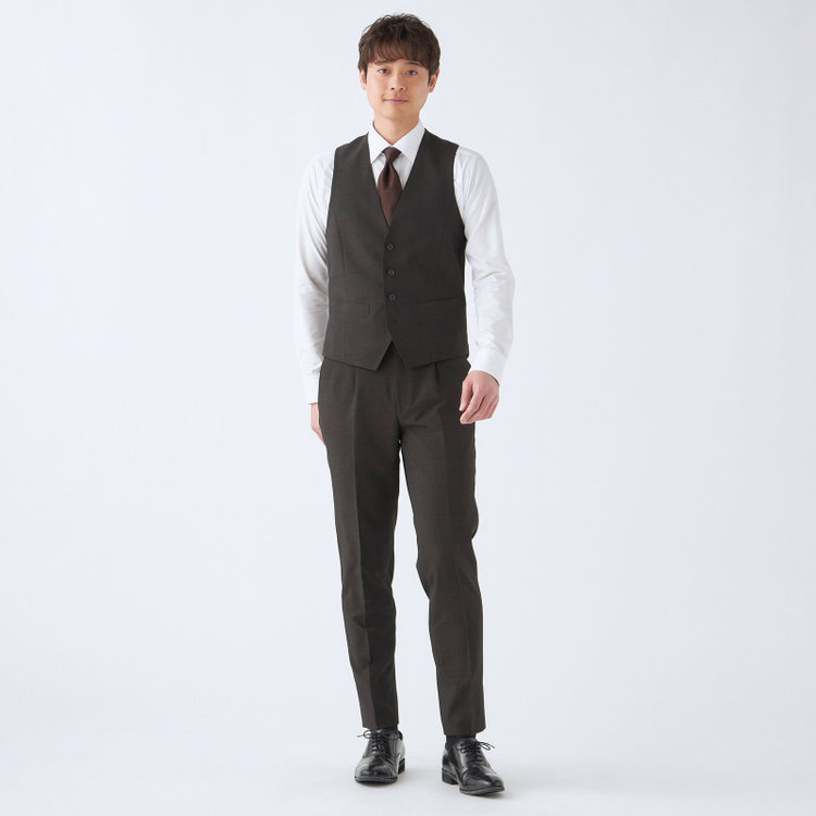 シルバーライン 【CLASSICO TAPERED】【春夏】2釦シングルスリーピーススーツ 1タック/ブラウン×ウィンドペン/ウエストムーブ/4S SUSTAINABILITY&ECOLOGY FABRIC/※パンツ裾上げ済仕様 茶濃色